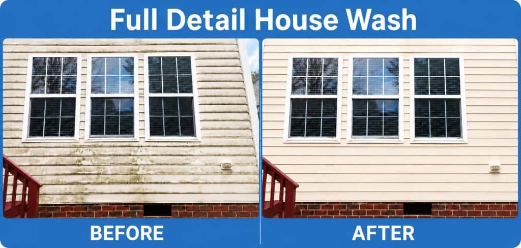 Before and after full detail house washing showing algae and exterior buildup removed from siding in Raleigh and Cary, NC