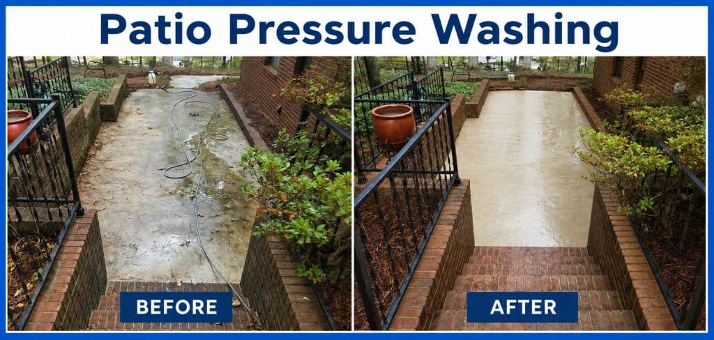 Before and after patio pressure washing showing dirt, mildew, pollen, and surface buildup removed in Raleigh and Cary, NC