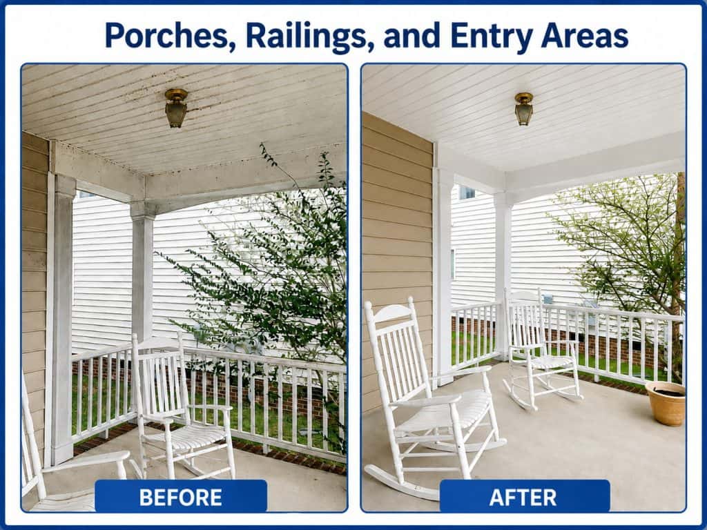 Before and after porch, railing, and entry area cleaning for a home in Raleigh and Cary, NC
