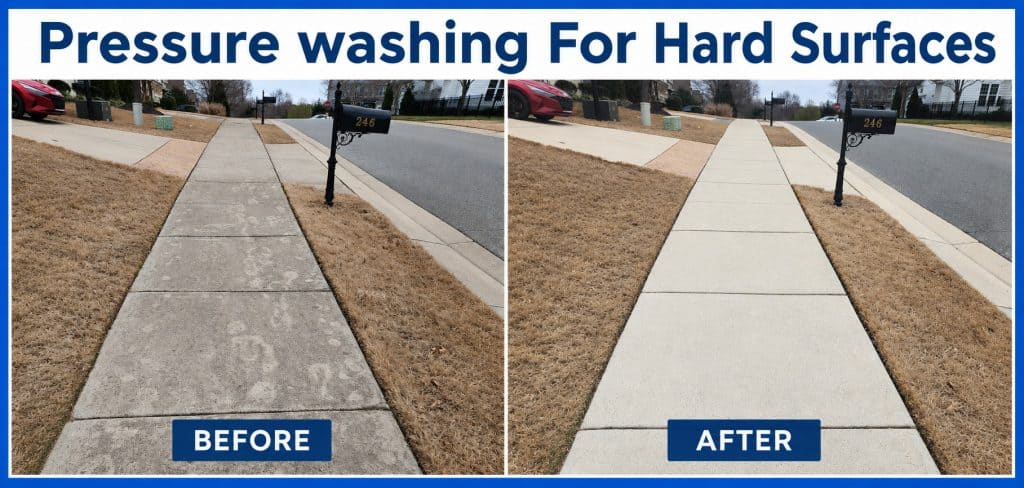 Before and after pressure washing of a concrete sidewalk showing dirt and surface buildup removed in Raleigh and Cary, NC