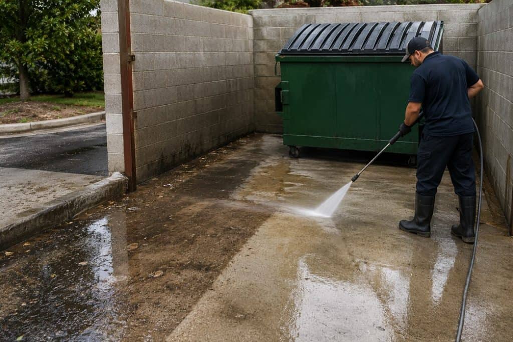 Professional technician power washing a commercial dumpster pad and concrete waste enclosure