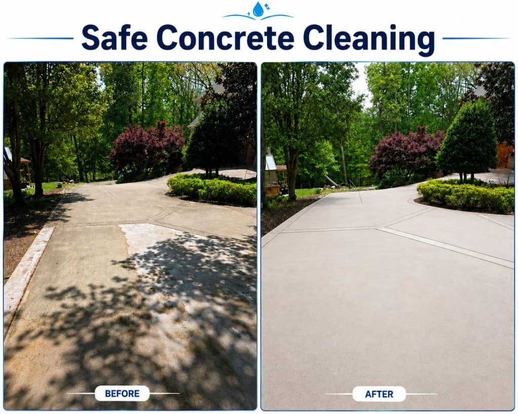Safe concrete driveway cleaning before and after in Raleigh NC