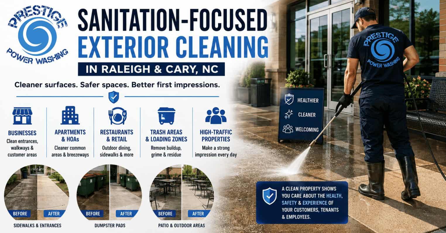 Sanitation-focused exterior cleaning in Raleigh and Cary NC by Prestige Power Washing LLC