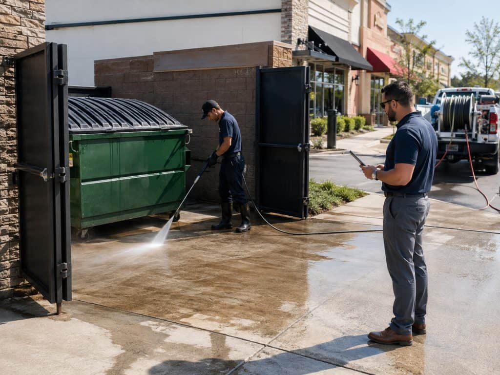 Commercial dumpster pad cleaning coordinated around business operations and property access