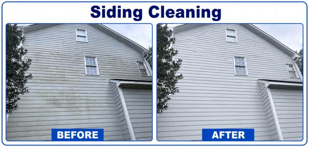 Before and after siding cleaning showing dirt, algae, and mildew removed with professional soft washing