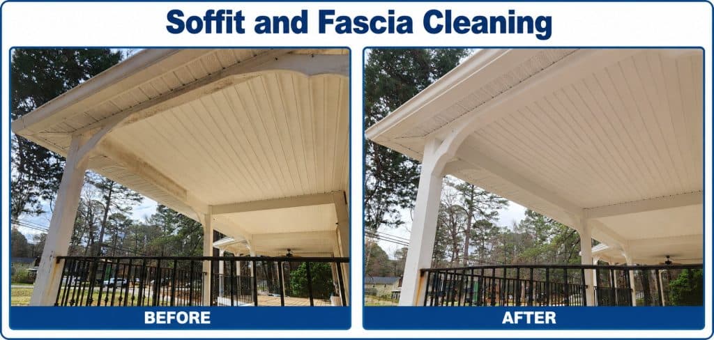 Before and after soffit and fascia cleaning showing dirt, mildew, cobwebs, and exterior staining removed