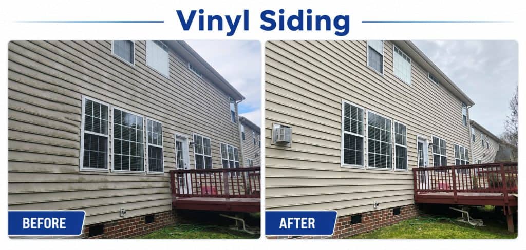 Before and after vinyl siding cleaning showing algae, mildew, and dirt removed from a home in Raleigh and Cary, NC