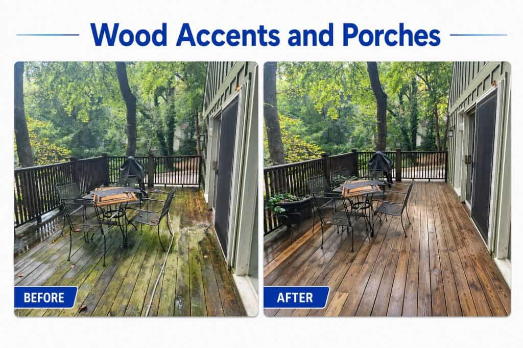 Before and after wood porch cleaning showing algae, dirt, and weathered buildup removed in Raleigh and Cary, NC