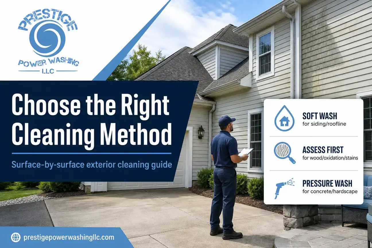 Technician assessing siding, gutters, roofline, driveway, and patio before choosing an exterior cleaning method.