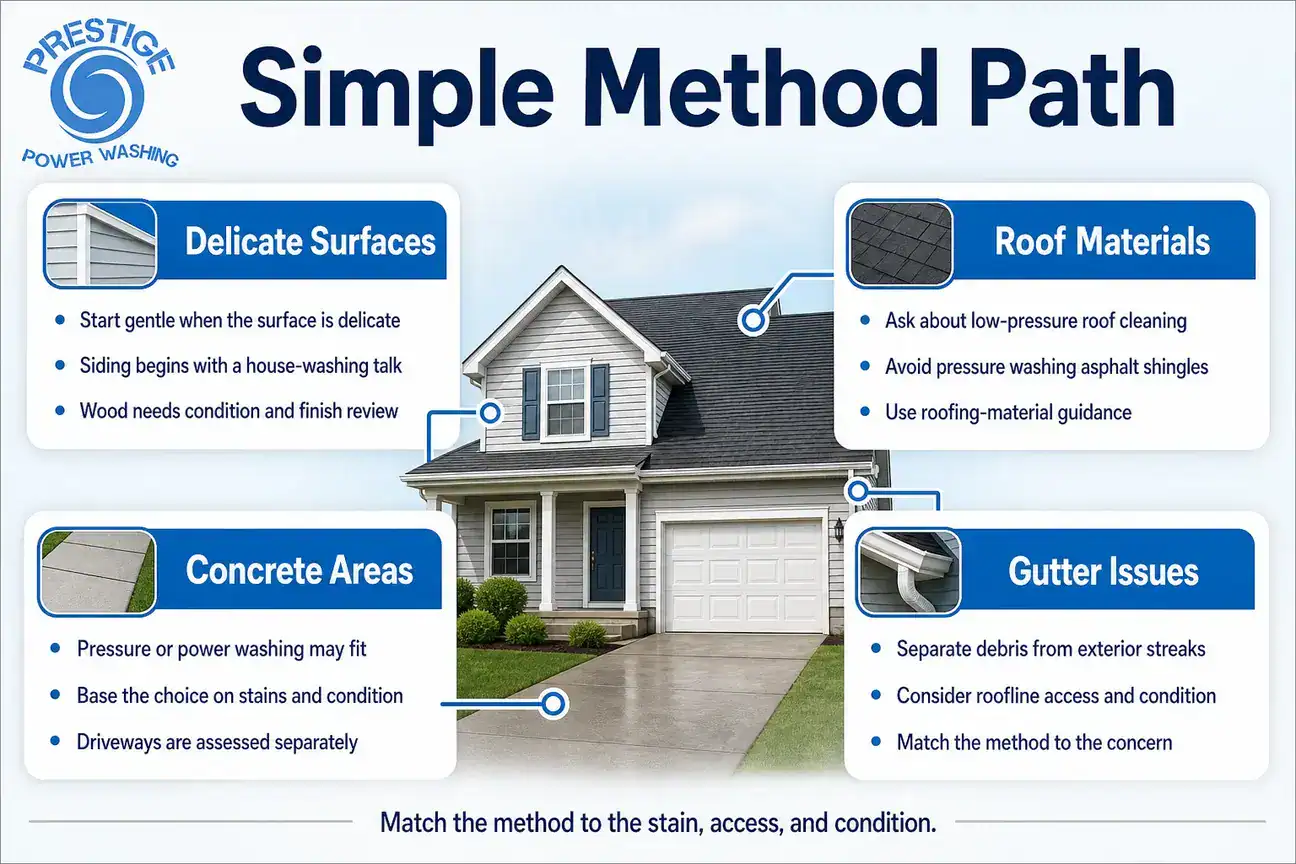 Decision-path infographic showing cleaning method considerations for siding, roofs, concrete, and gutters.