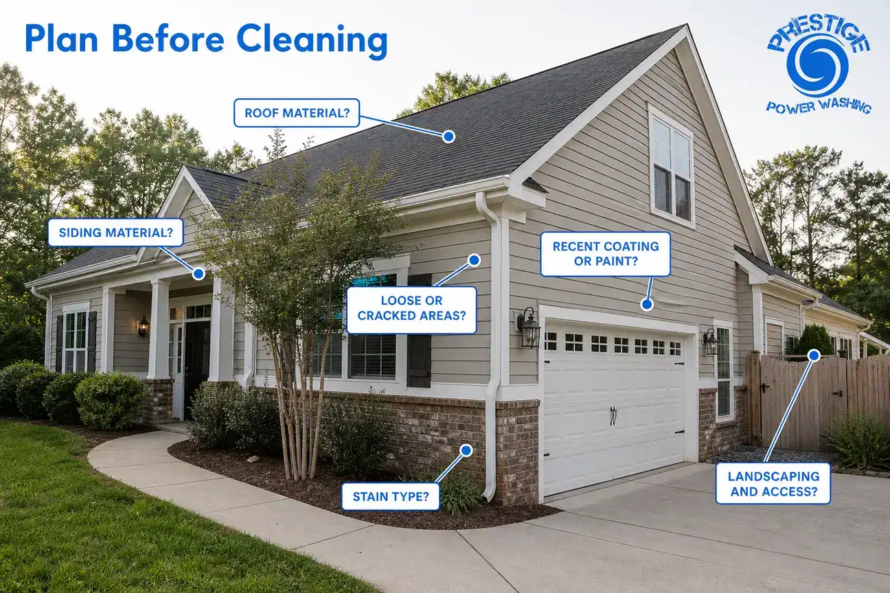 Labeled house exterior showing siding, roof, gutters, driveway, landscaping, and access concerns before cleaning.