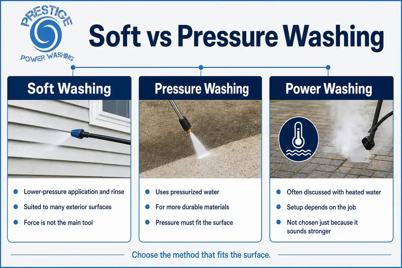 Infographic comparing soft washing, pressure washing, and power washing by pressure, surface fit, and job factors.