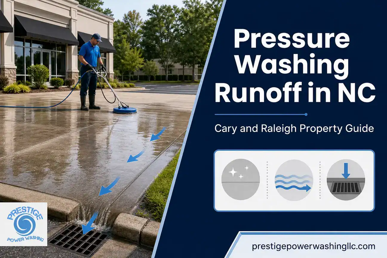 Technician washing a concrete driveway with arrows showing runoff flow toward the curb and storm drain direction.
