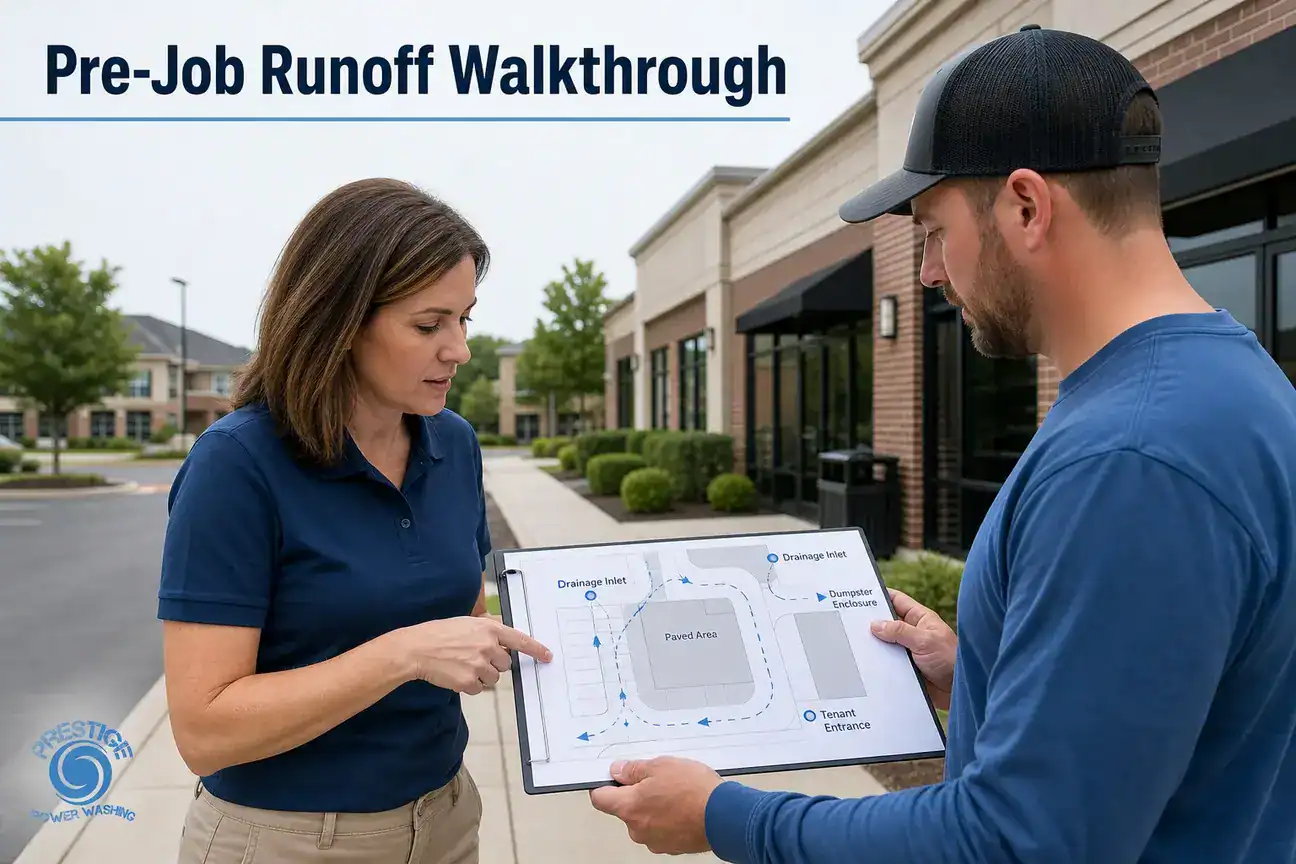 Property manager and contractor reviewing a site map with drainage inlets and water flow marked before exterior cleaning.
