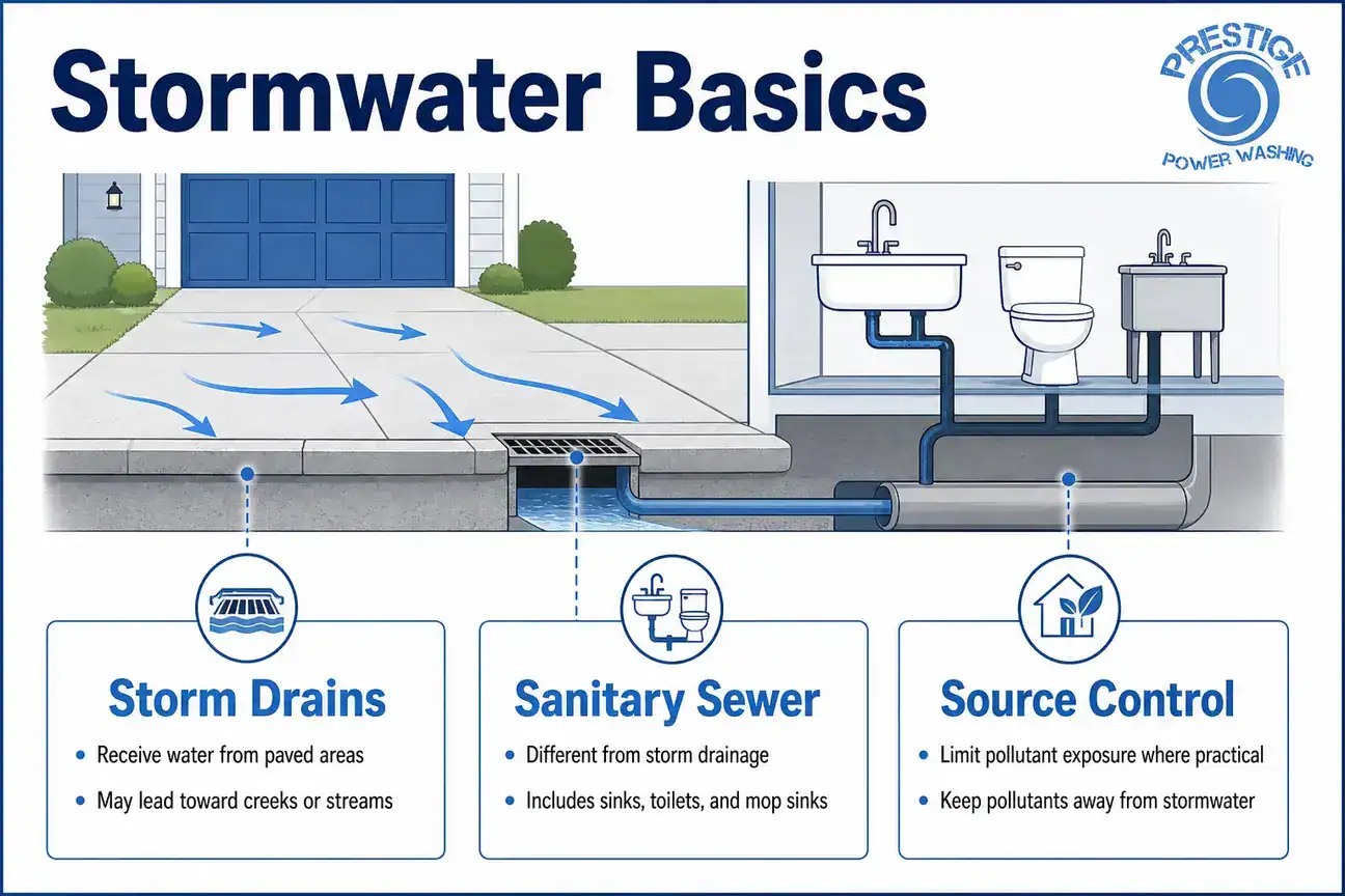 Infographic showing storm drains separated from sanitary sewer connections for pressure washing runoff planning.