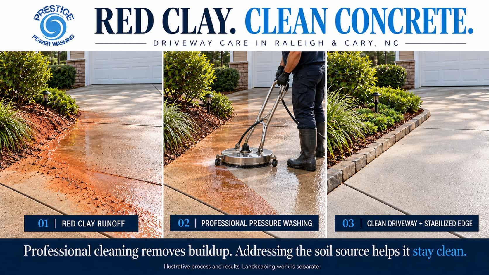 Red clay stains on concrete driveways before professional pressure washing, during surface cleaning, and after with a stabilized planting edge