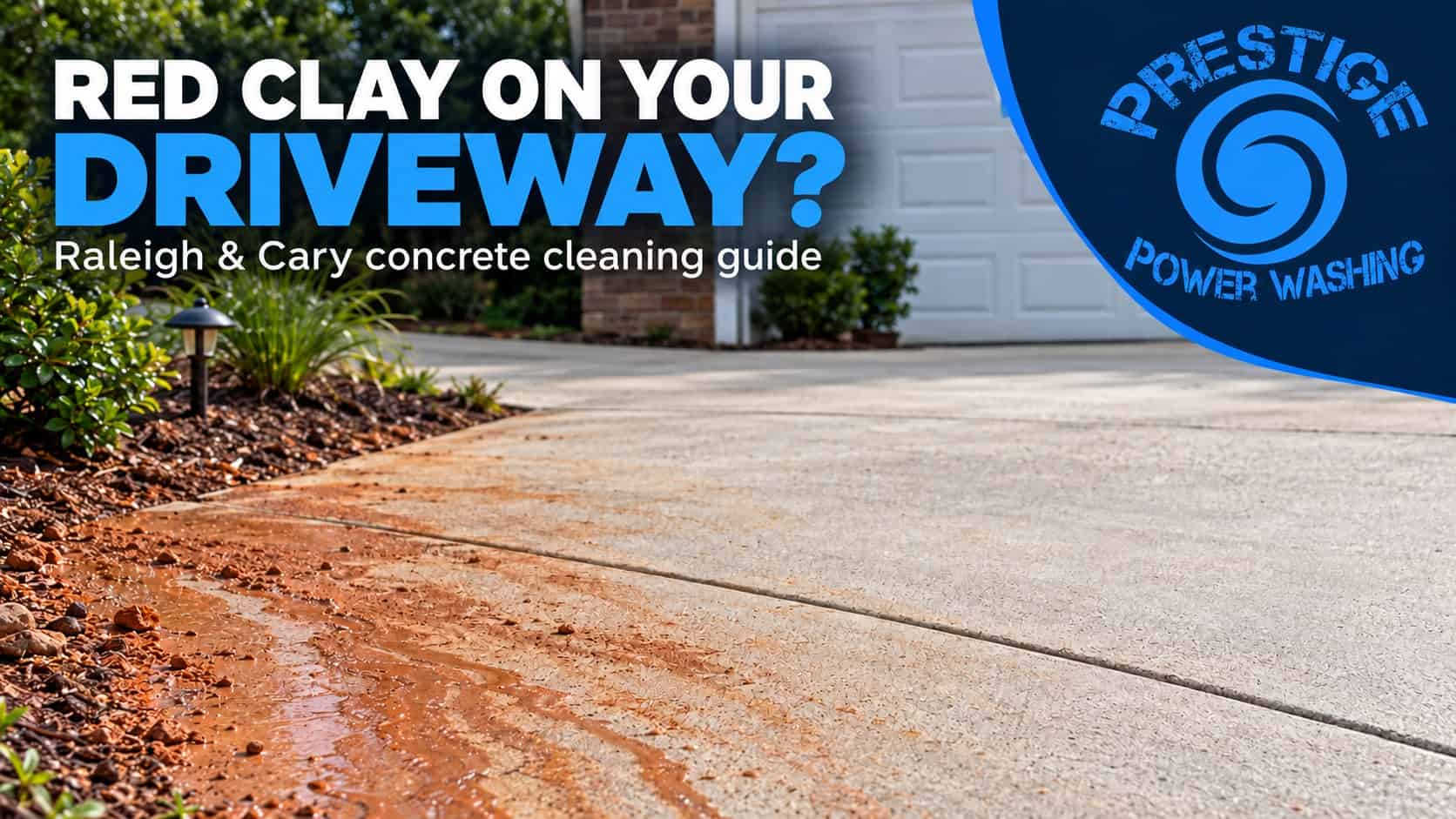 Red clay stains on concrete driveways caused by soil runoff beside a Raleigh-area planting bed