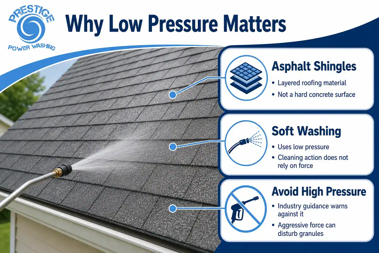 Infographic explaining that asphalt shingles should be cleaned with low pressure rather than pressure washing.