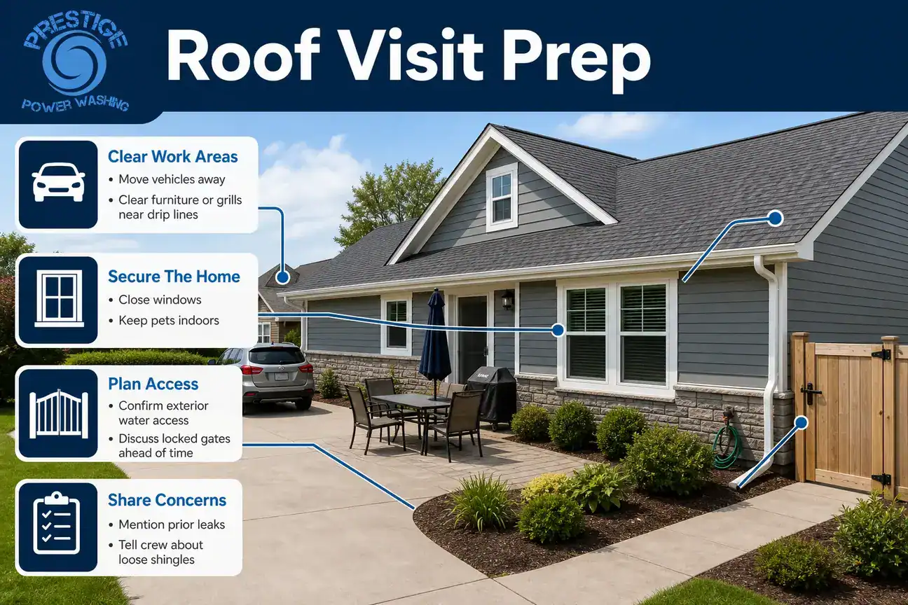 Checklist infographic showing roof soft washing preparation steps around a home exterior.