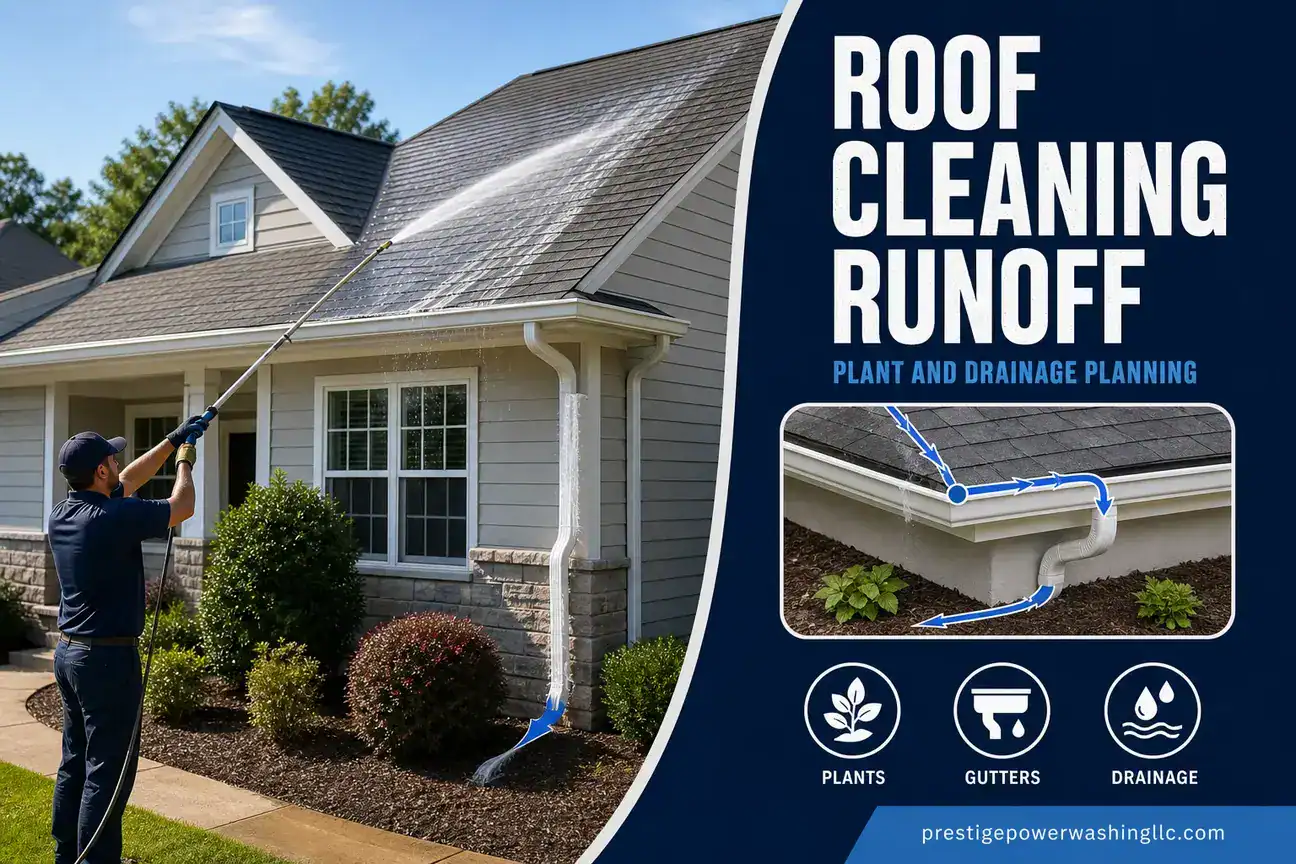 Residential roof cleaning runoff being planned around shrubs, gutters, and drainage paths.