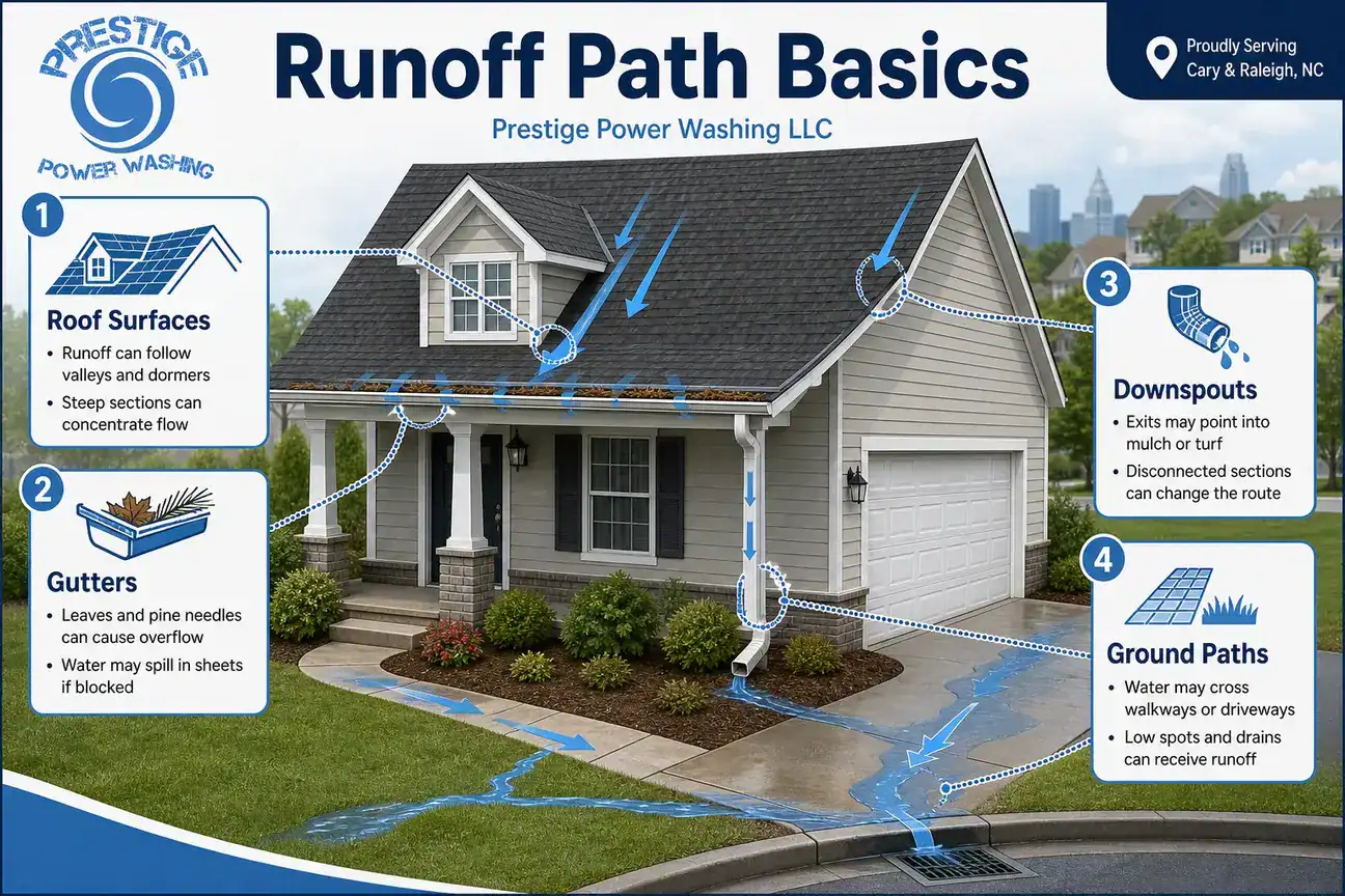 Diagram showing roof runoff moving through gutters, downspouts, mulch beds, hardscape, and drains.