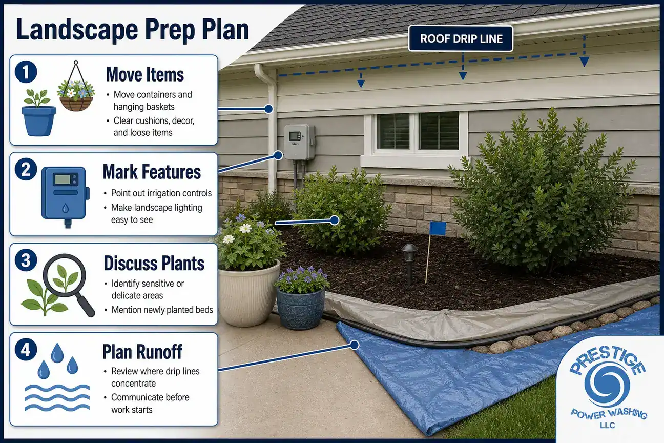 Educational graphic showing landscape preparation before roof cleaning near shrubs and drip lines.