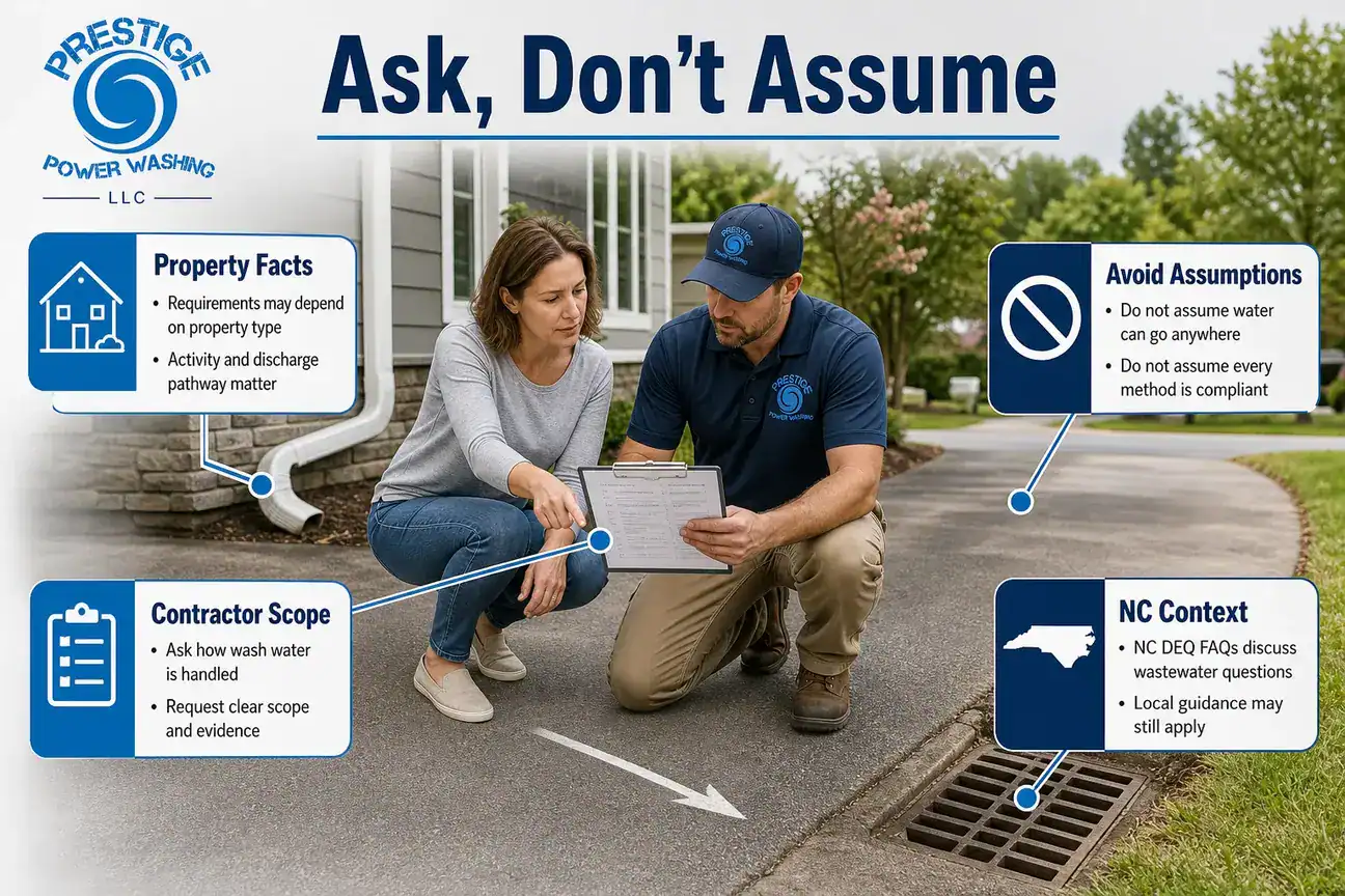 Homeowner asking a contractor about roof wash water drainage and runoff handling in North Carolina.