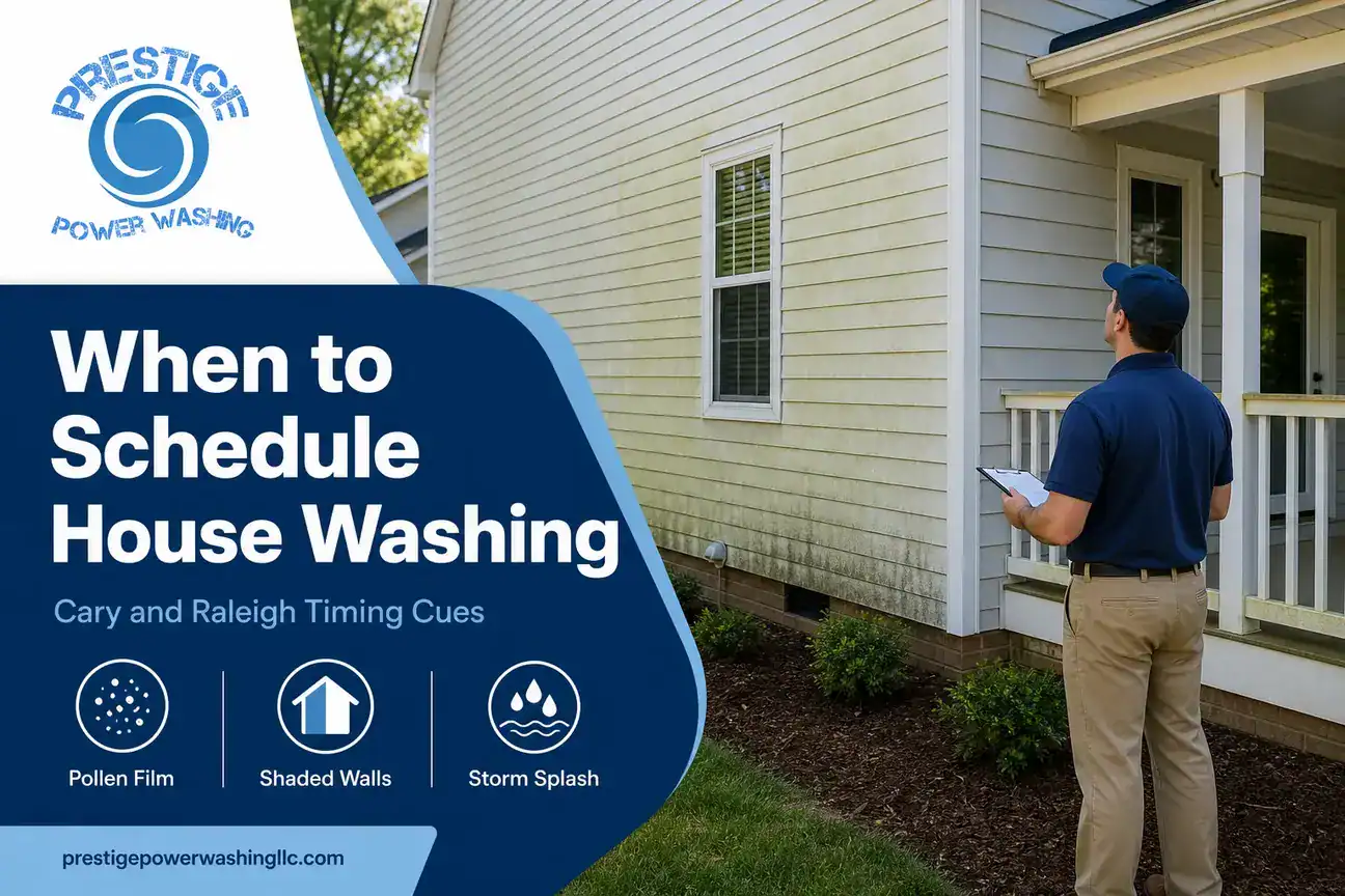 Cary-area home siding with light pollen and shaded-wall buildup being inspected before house washing.