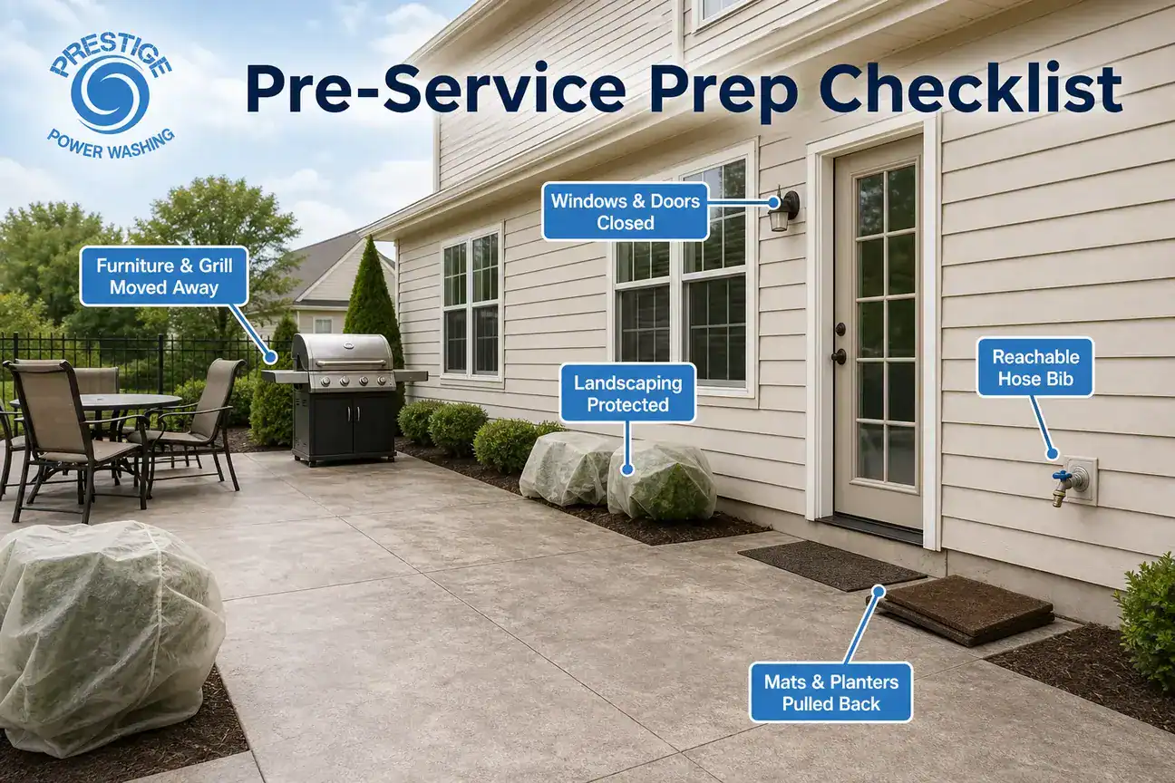 Home exterior prepared for house washing with closed windows, moved patio items, and accessible water spigot.
