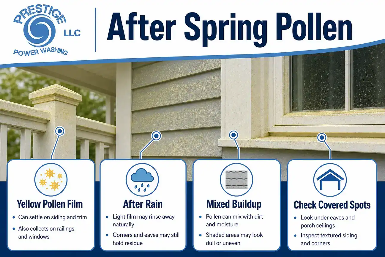 Infographic showing spring pollen house washing timing cues for siding, trim, porches, and shaded areas.