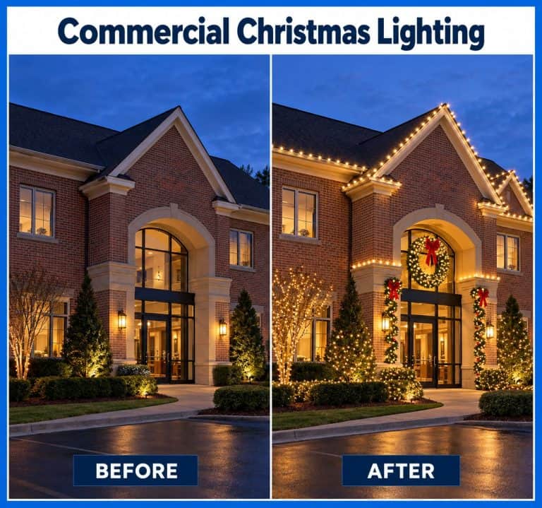 Side-by-side commercial Christmas lighting design comparison without lights and with roofline and entrance lighting