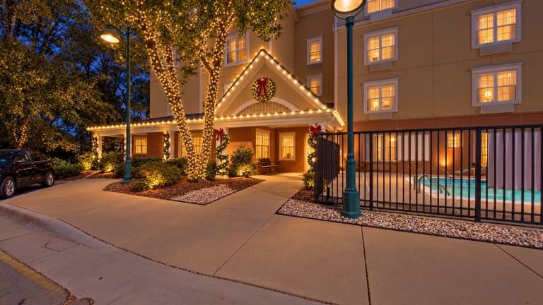 Commercial Christmas lighting design preview at a hotel entrance