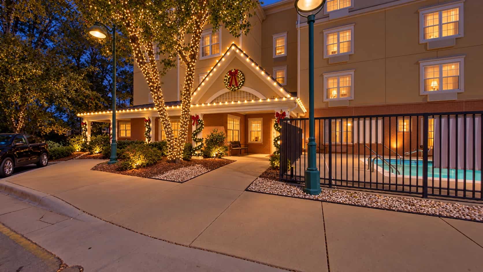 Commercial Christmas lighting design preview at a hotel entrance