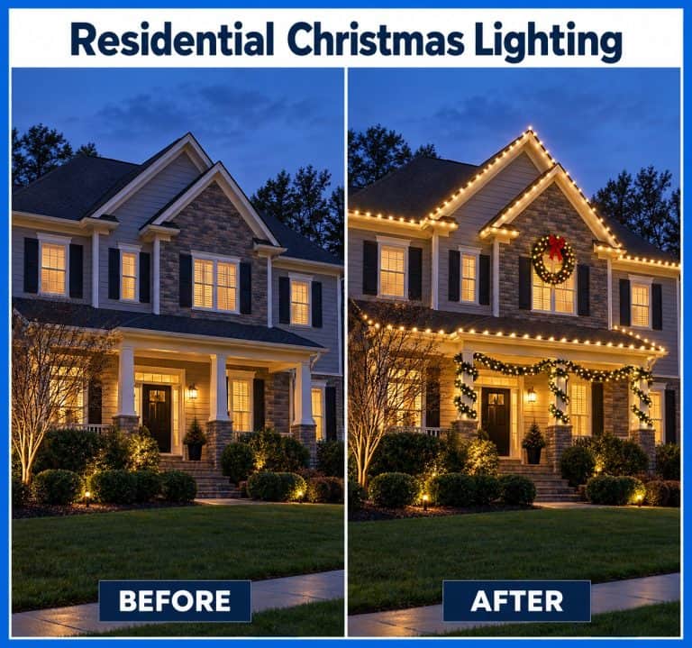 Side-by-side home Christmas lighting design comparison without lights and with warm white roofline lights