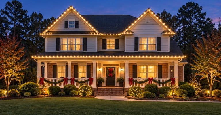 Residential Christmas lighting design preview with warm white roofline lights